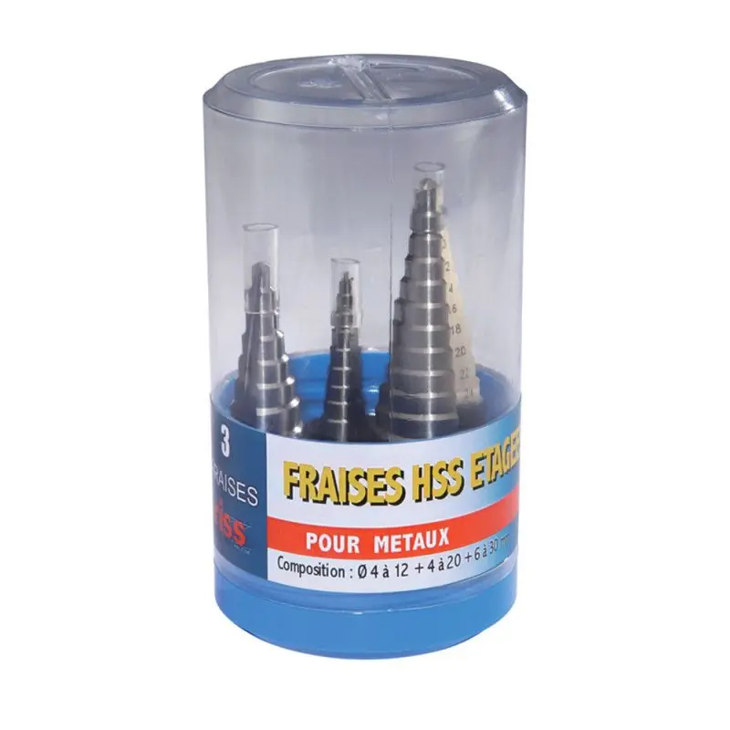 Acheter En Ligne Coffret plastique 3 fraises étagées HSS TiALN Ø4-12 / 4-20 / 6-30mm - Riss