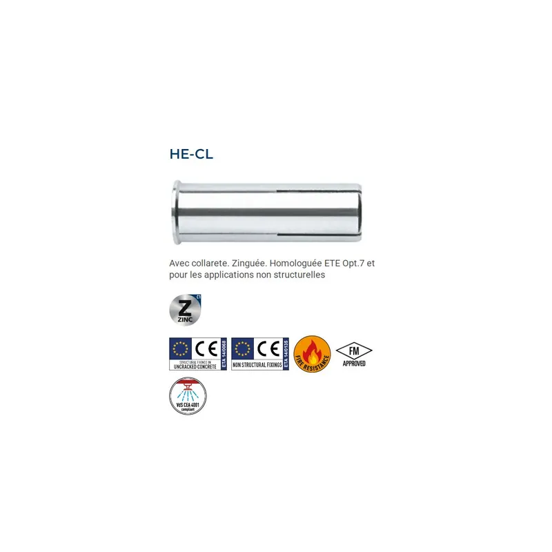 Marque Index HE-CL Cheville à expansion avec collerette zinguée (M6/M8/M10/M12/M16/M20)